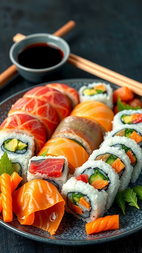 An assortment of colorful sushi rolls with fresh fish and vegetables, served with soy sauce and garnishes.